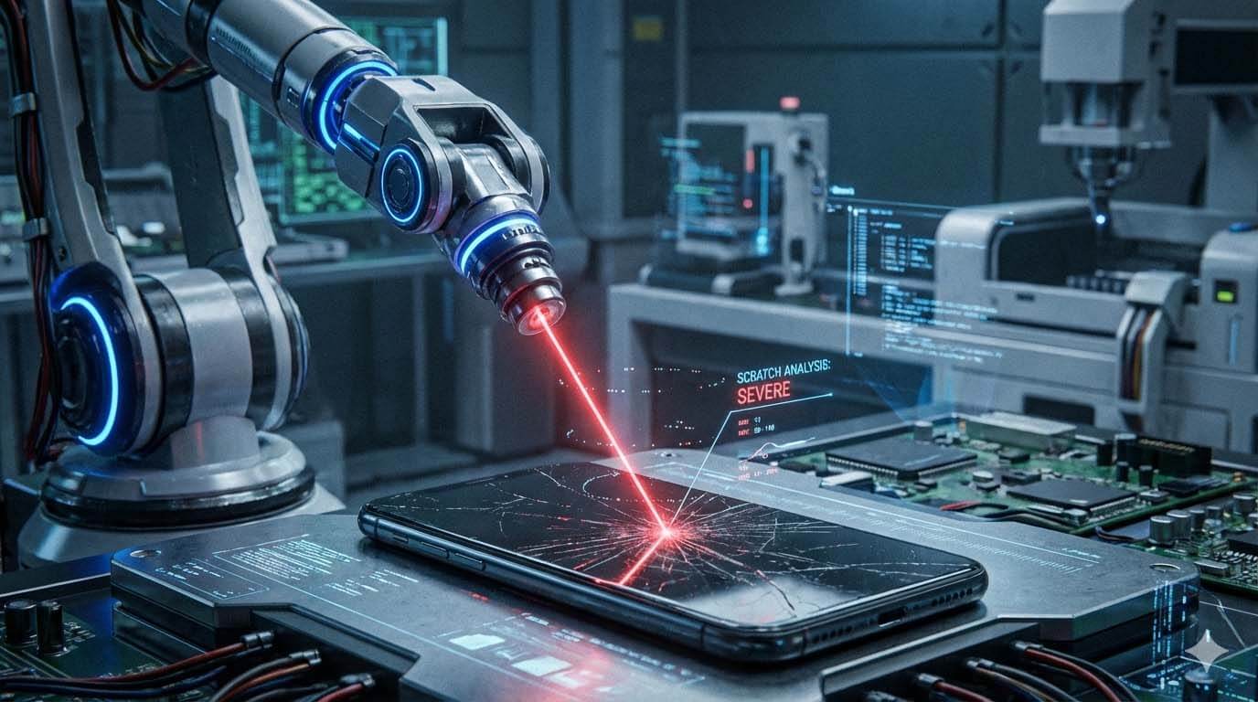 機械手臂使用紅色雷射光掃描手機螢幕,象徵嚴格的機器檢測技術 / Close-up of a robotic arm scanning a mobile phone screen with a red laser beam, analyzing scratches.